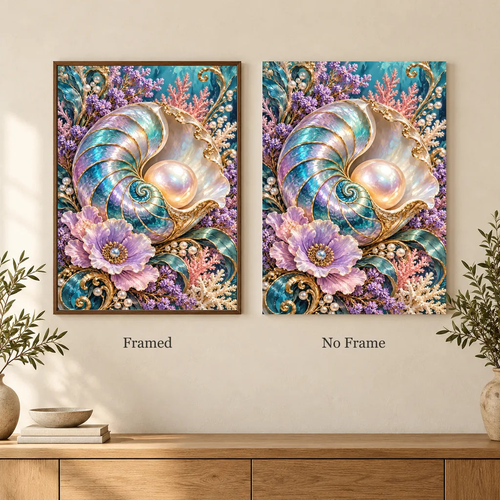 Framed and no-frame options for the Shell Cameo and Pearls diamond painting