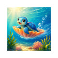 Original artwork for Shell Ride Adventure Diamond Painting Kit, showing a blue sea turtle riding an orange seashell among bubbles and coral.
