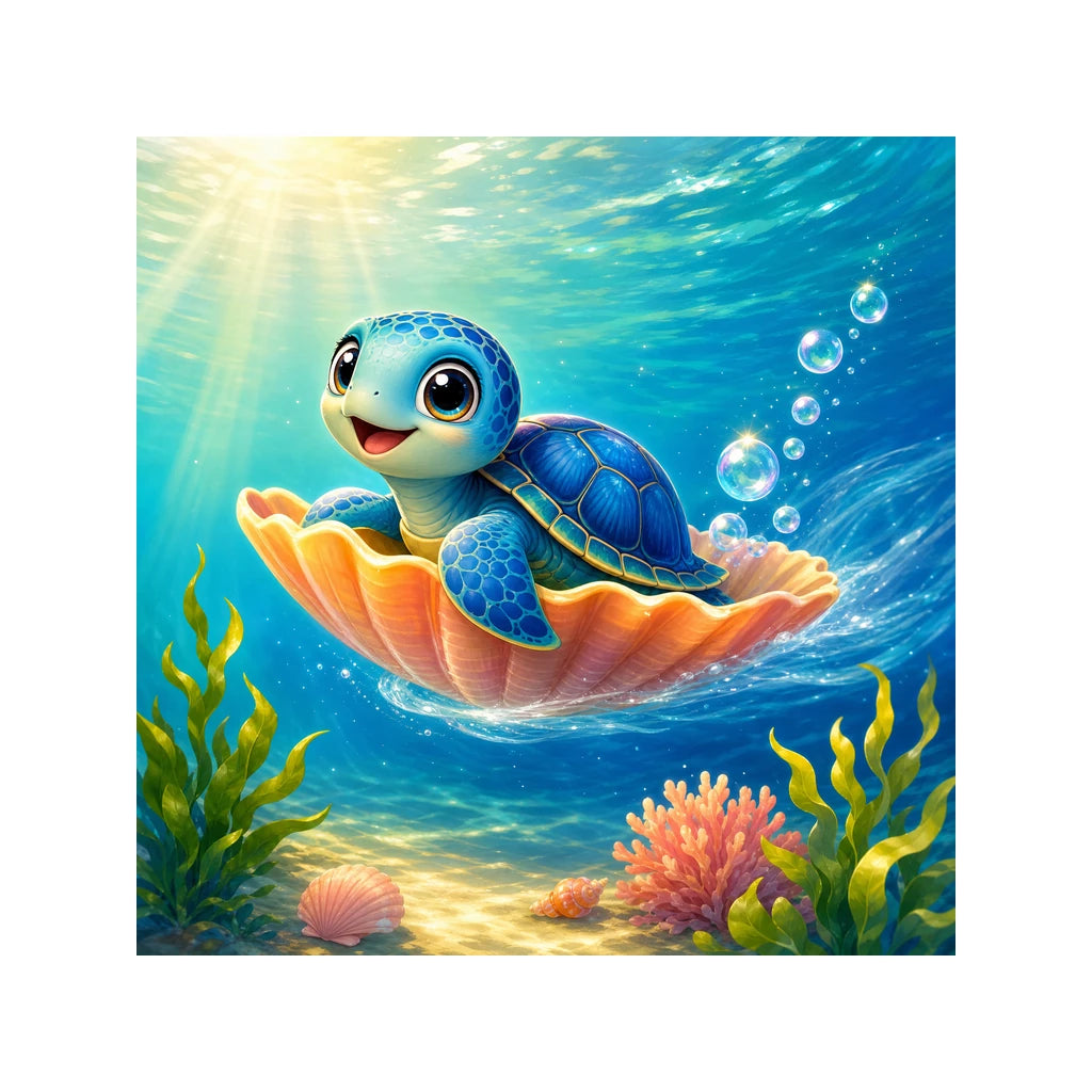 Original artwork for Shell Ride Adventure Diamond Painting Kit, showing a blue sea turtle riding an orange seashell among bubbles and coral.