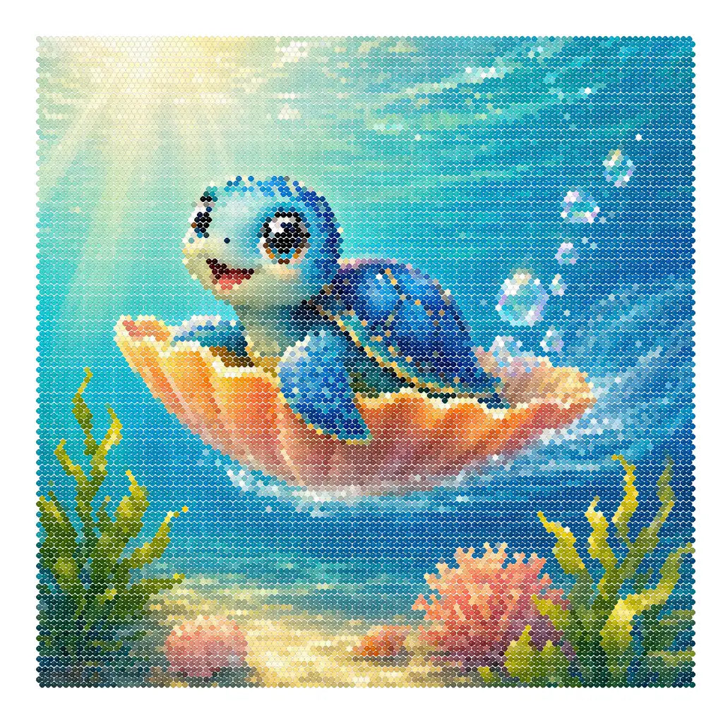 Finished diamond painting for Shell Ride Adventure Diamond Painting Kit, showing a blue sea turtle riding an orange seashell among bubbles and coral.
