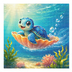 Finished diamond painting for Shell Ride Adventure Diamond Painting Kit, showing a blue sea turtle riding an orange seashell among bubbles and coral.