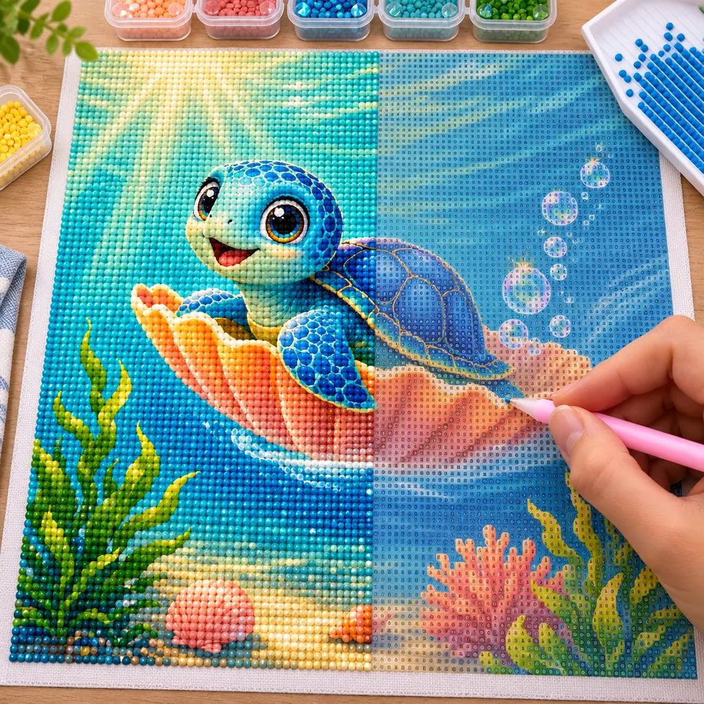 Diamond painting process for Shell Ride Adventure Diamond Painting Kit, with hands applying drills over a blue sea turtle riding an orange seashell among bubbles and coral.