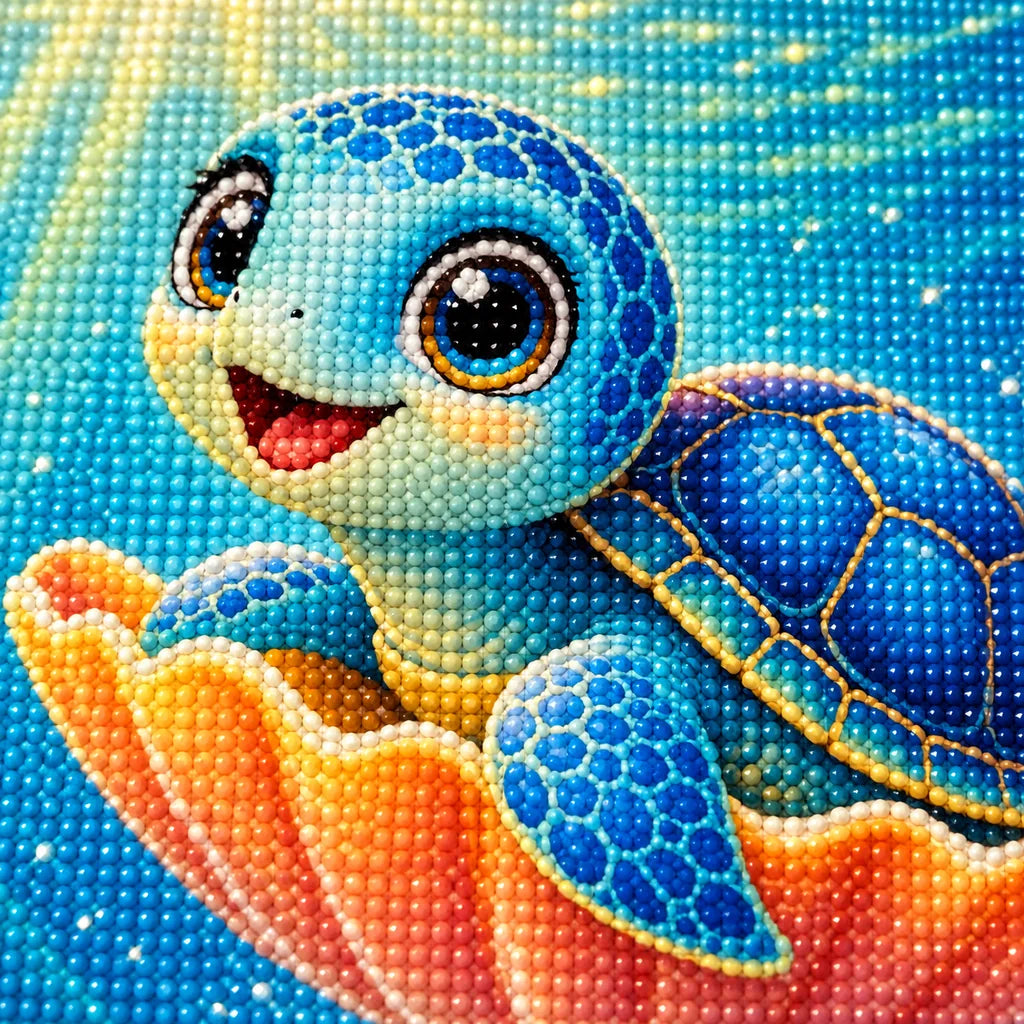 Close-up detail of drill texture across a blue sea turtle riding an orange seashell among bubbles and coral.