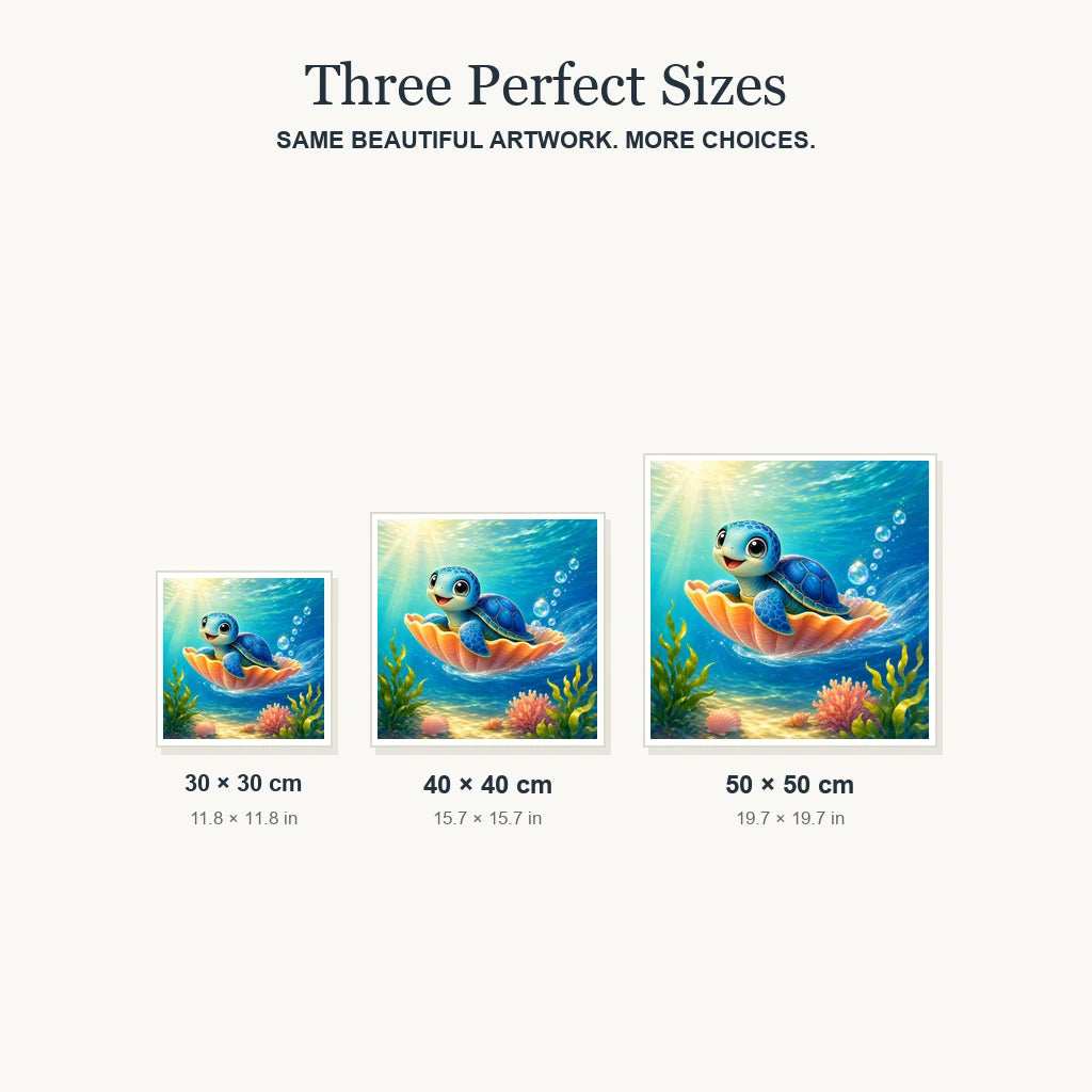 Size guide for Shell Ride Adventure Diamond Painting Kit: 20 × 30 cm, 30 × 40 cm and 40 × 50 cm.