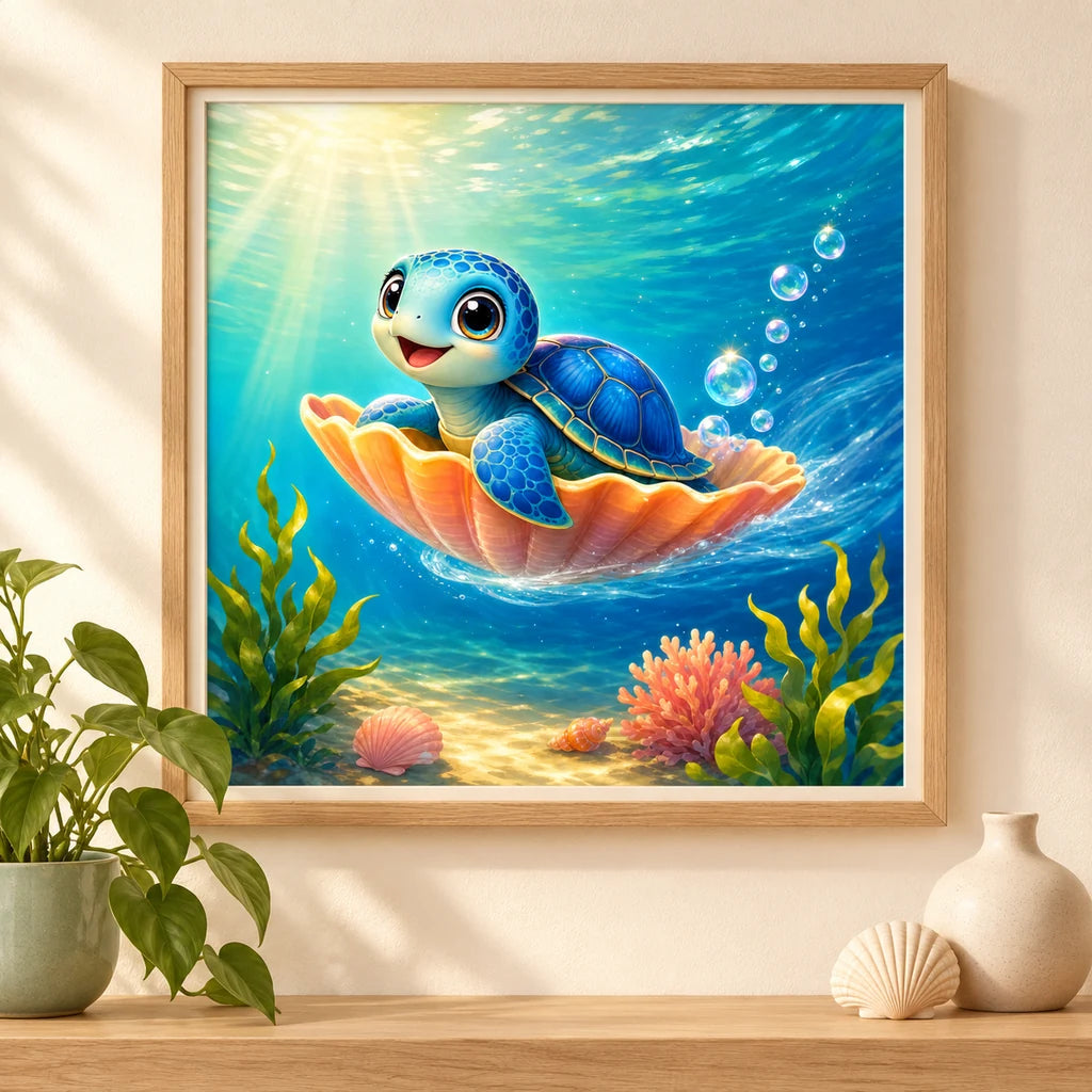 Home decor scene showing the Shell Ride Adventure Diamond Painting Kit artwork displayed in a room.