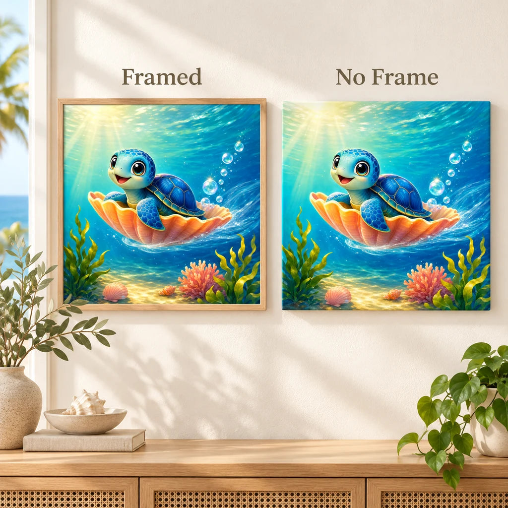 Framed and no-frame comparison for Shell Ride Adventure Diamond Painting Kit, showing the same blue sea turtle riding an orange seashell among bubbles and coral.