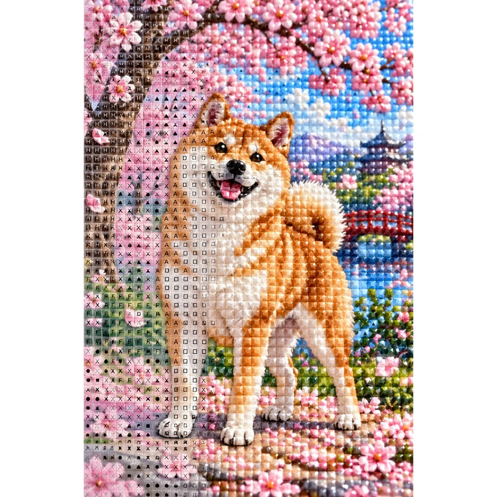 Shiba Inu Cherry Blossoms Diamond Painting Kit diamond and canvas detail