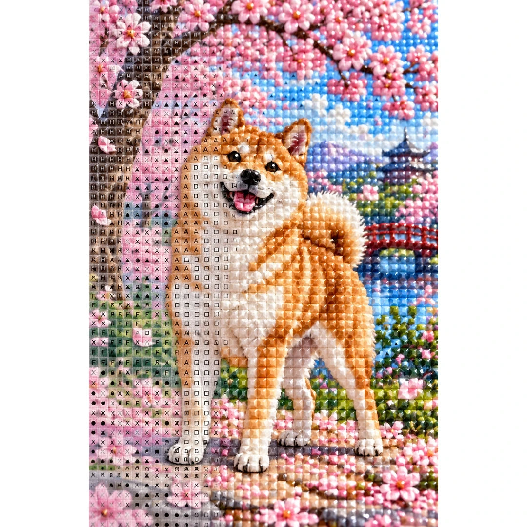 Shiba Inu Cherry Blossoms Diamond Painting Kit diamond and canvas detail