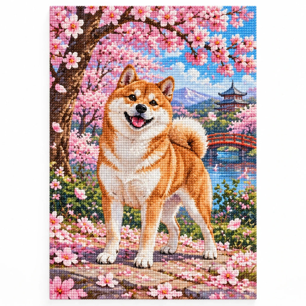 Shiba Inu Cherry Blossoms Diamond Painting Kit finished diamond artwork on white background
