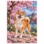 Shiba Inu Cherry Blossoms Diamond Painting Kit finished diamond artwork on white background