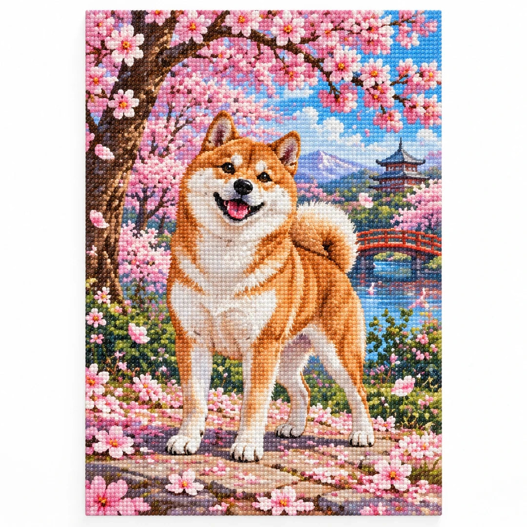 Shiba Inu Cherry Blossoms Diamond Painting Kit finished diamond artwork on white background