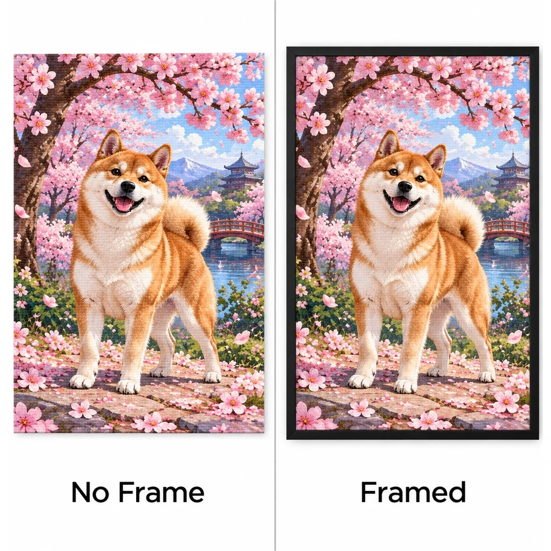 Shiba Inu Cherry Blossoms Diamond Painting Kit No Frame and Framed comparison
