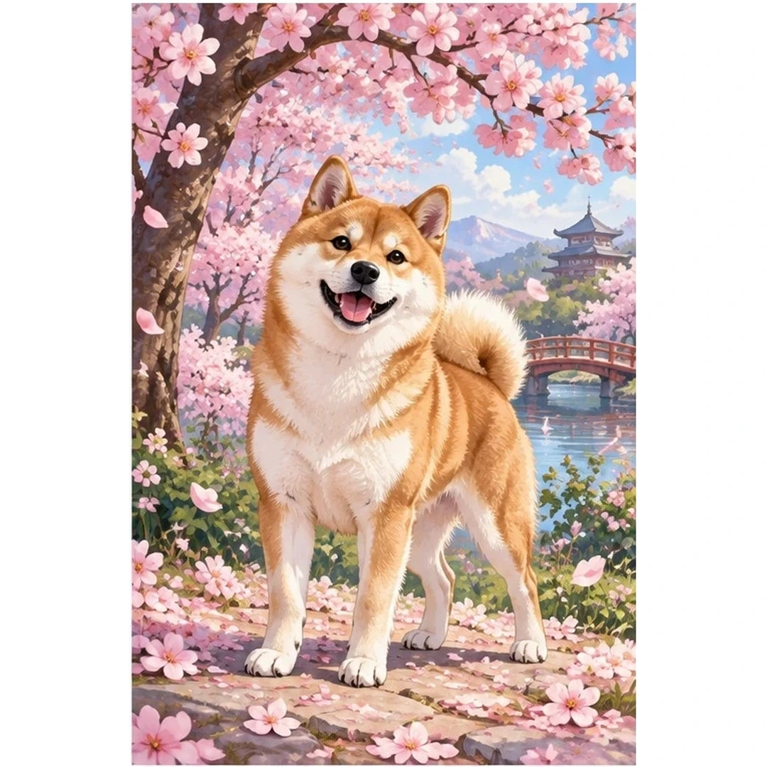 Shiba Inu Cherry Blossoms original artwork on white background