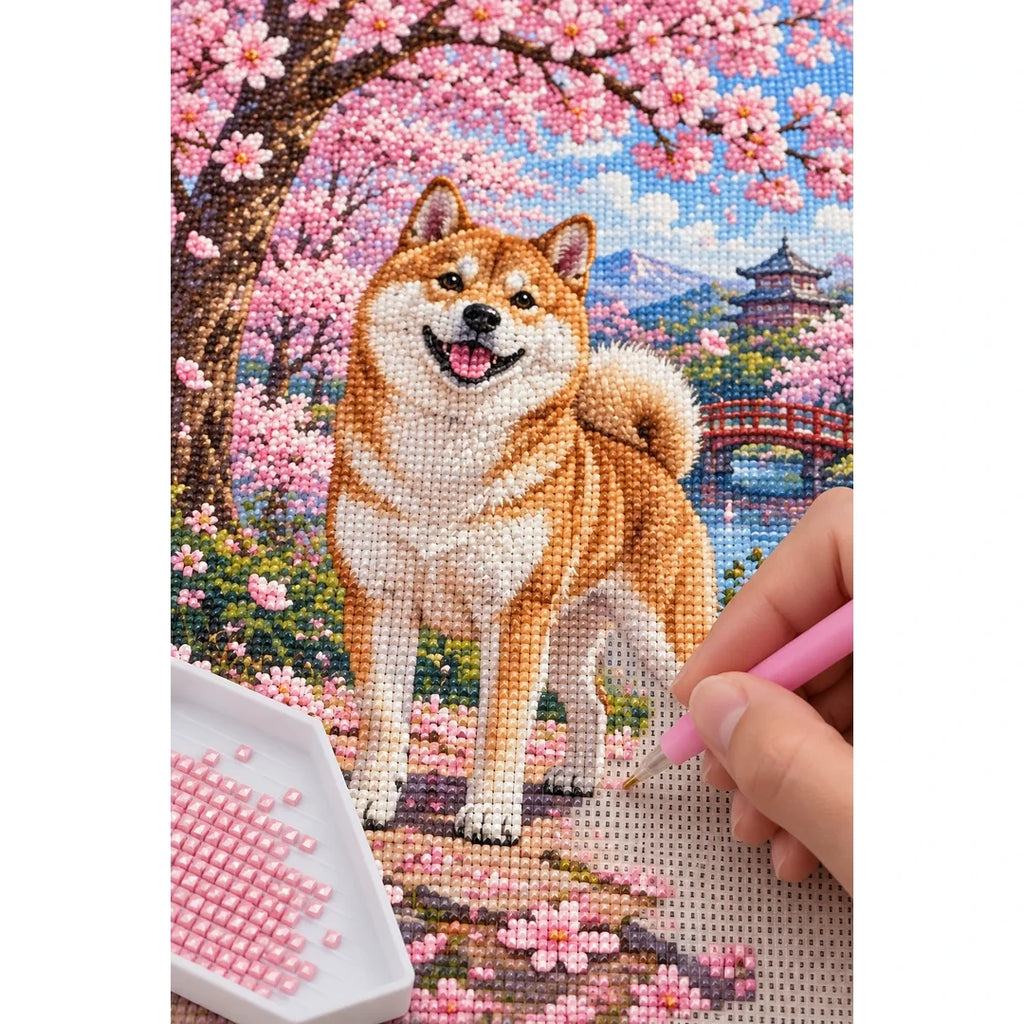 Shiba Inu Cherry Blossoms Diamond Painting Kit diamond placement process