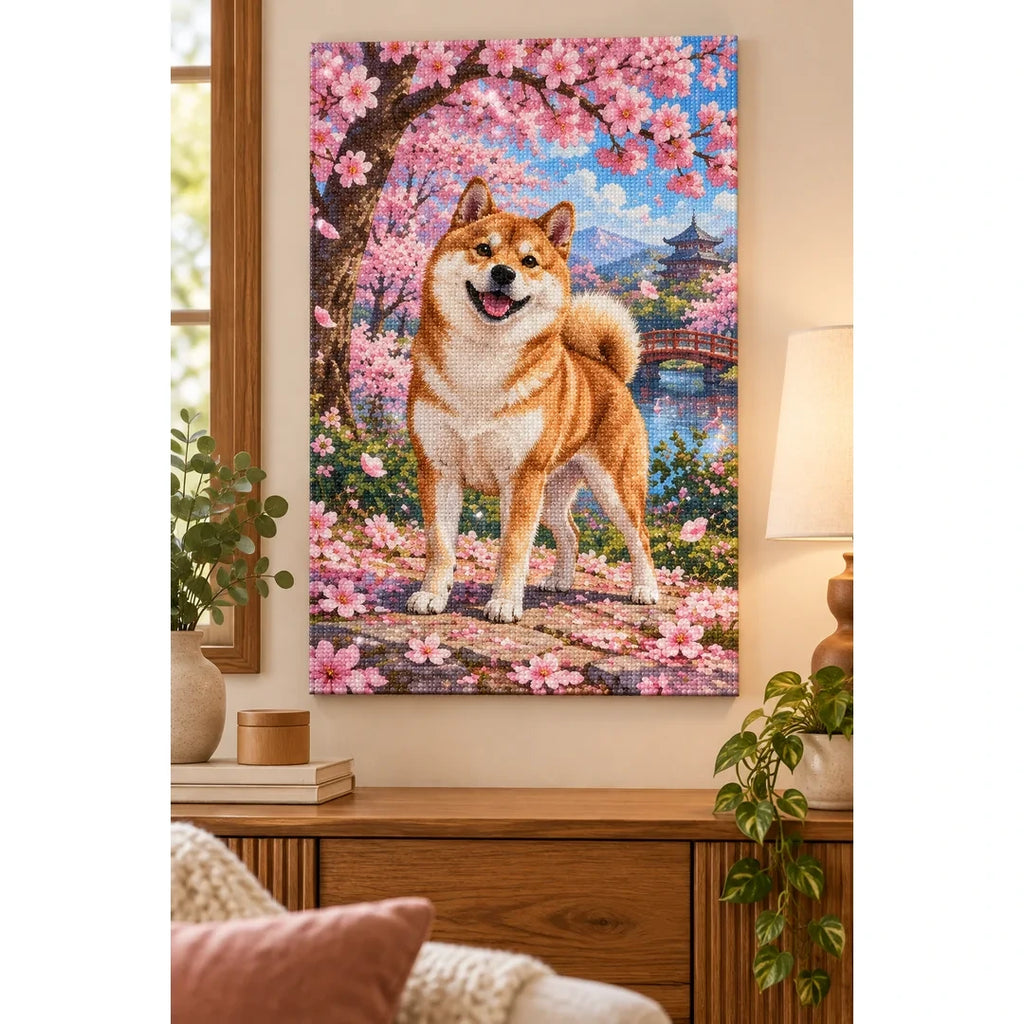 Shiba Inu Cherry Blossoms Diamond Painting Kit home decor scene