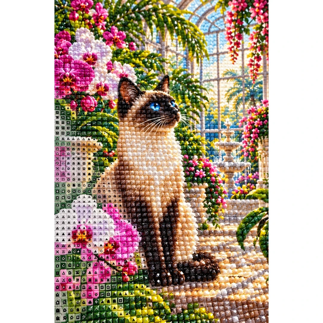 Siamese Cat Orchid Conservatory Diamond Painting Kit — canvas and drill material detail
