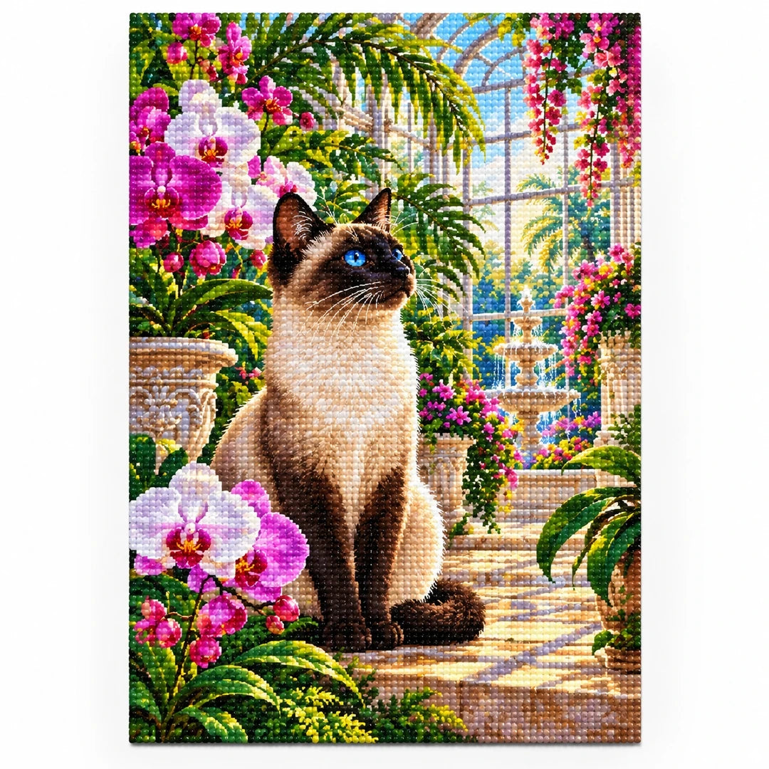 Siamese Cat Orchid Conservatory Diamond Painting Kit — finished diamond painting on white background
