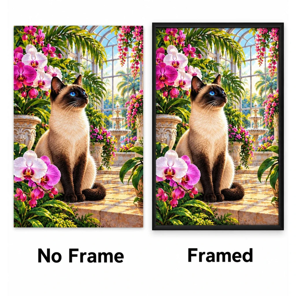 Siamese Cat Orchid Conservatory Diamond Painting Kit — No Frame and Framed style comparison