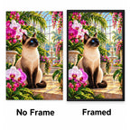 Siamese Cat Orchid Conservatory Diamond Painting Kit — No Frame and Framed style comparison