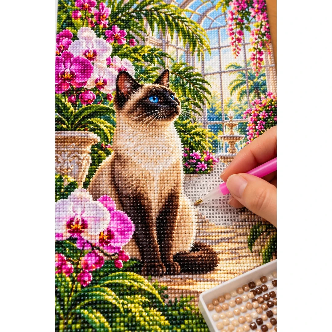 Siamese Cat Orchid Conservatory Diamond Painting Kit — diamond painting application process