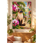 Siamese Cat Orchid Conservatory Diamond Painting Kit — finished diamond painting in a home setting