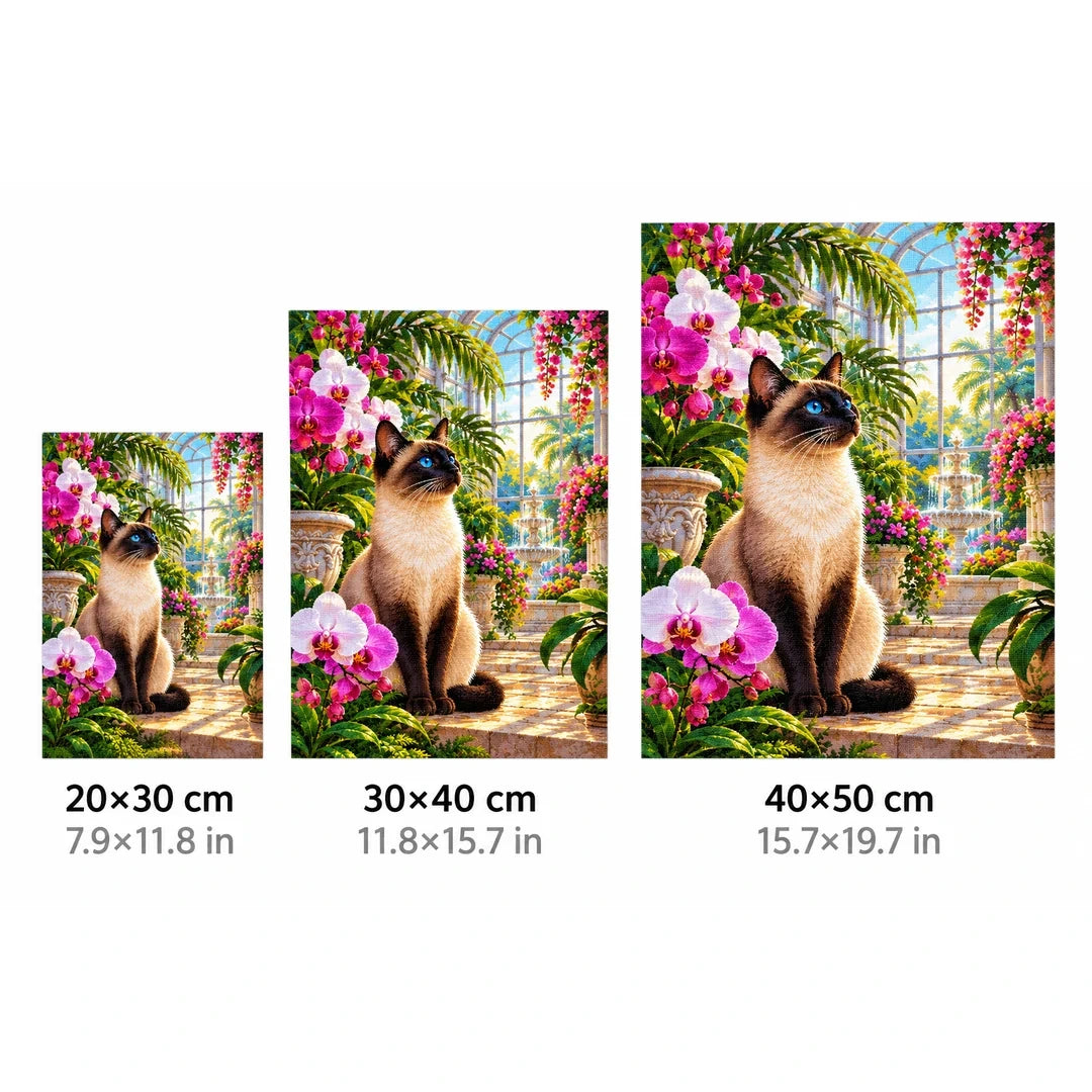 Siamese Cat Orchid Conservatory Diamond Painting Kit — 20 by 30, 30 by 40, and 40 by 50 centimeter size guide