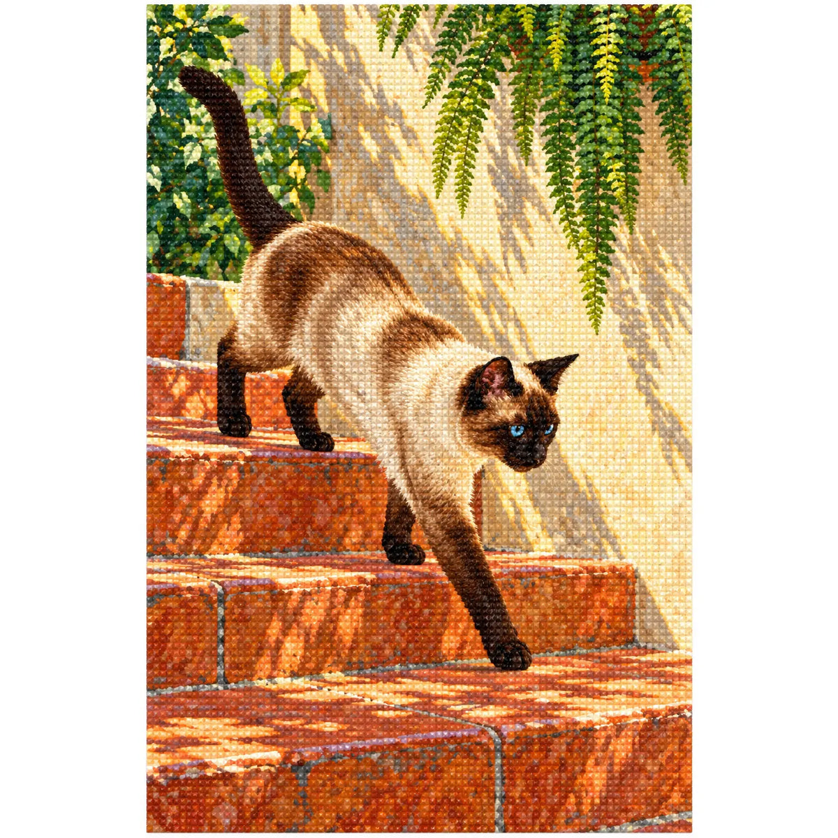 Finished white-background diamond painting of Siamese Terracotta Steps