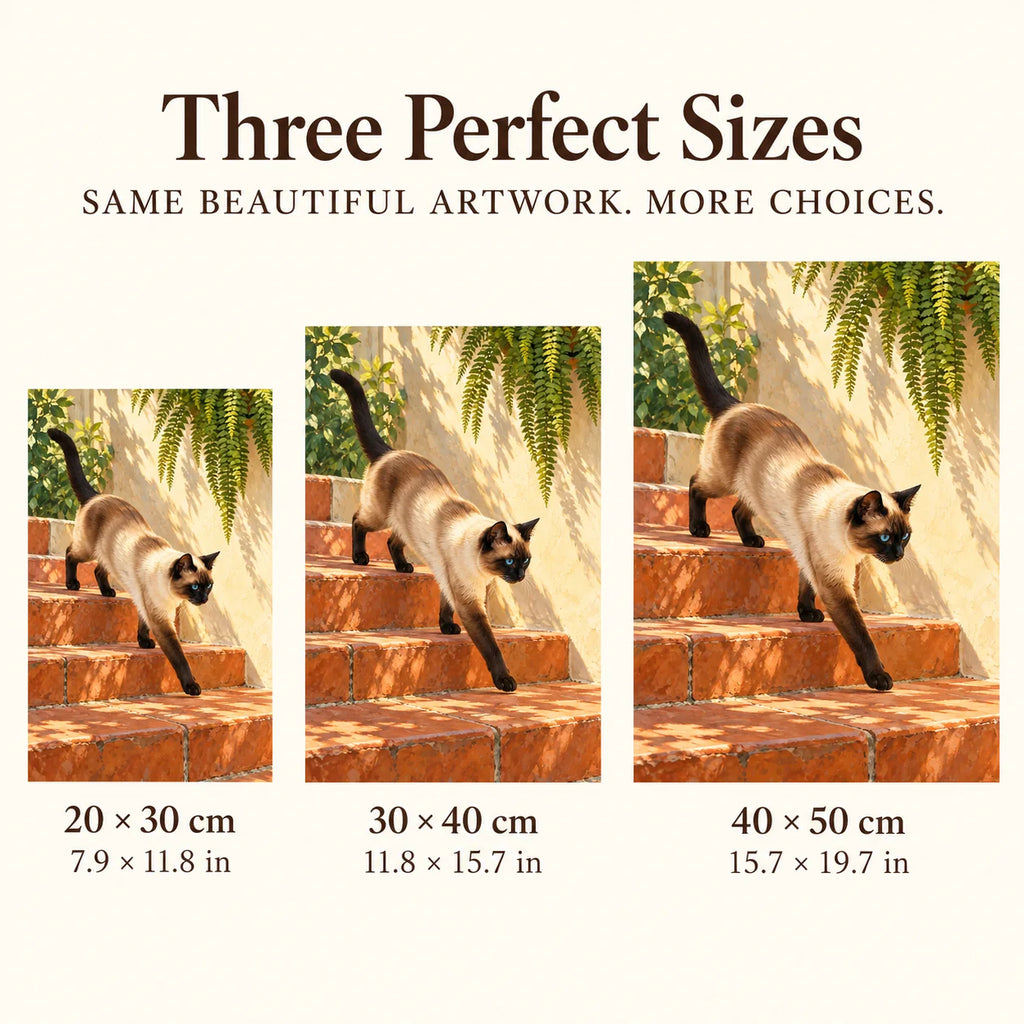 Siamese Terracotta Steps diamond painting in 20 by 30, 30 by 40, and 40 by 50 centimeter sizes