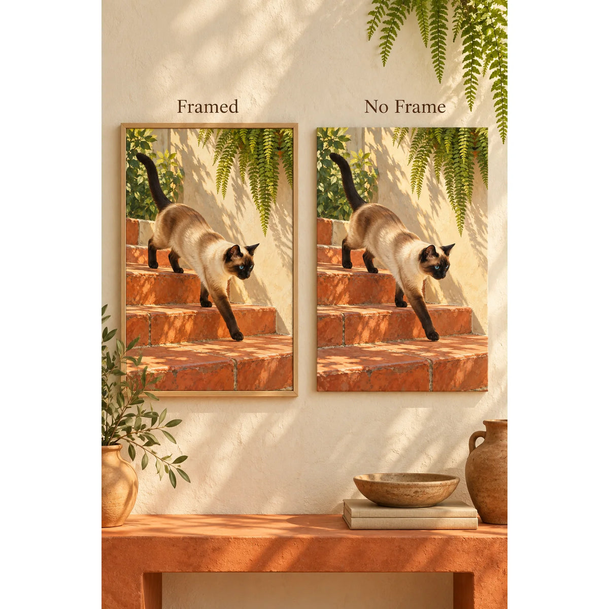 Framed and no-frame options for the Siamese Terracotta Steps diamond painting