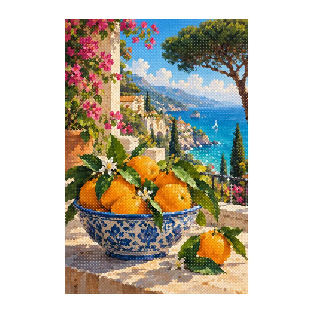 White-background finished diamond painting of sicilian ceramic oranges
