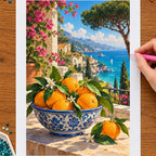 Hands placing drills on the sicilian ceramic oranges diamond painting canvas