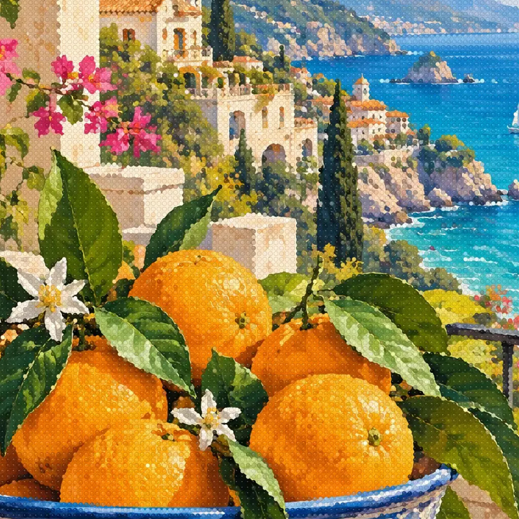 Close-up diamond detail of the sicilian ceramic oranges diamond painting