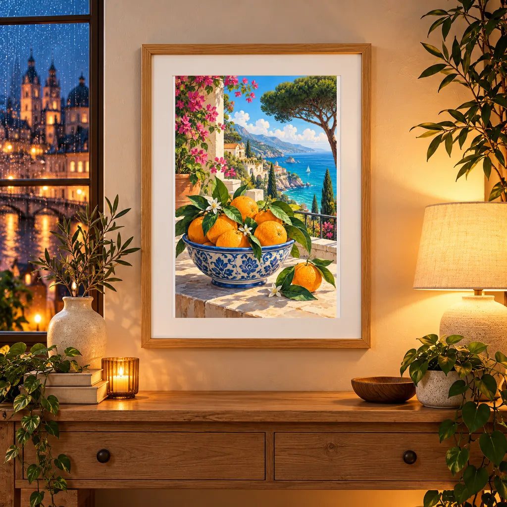 Framed home display of the sicilian ceramic oranges diamond painting