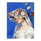 White-background original artwork of a side-profile bride wearing a colorful flower hat