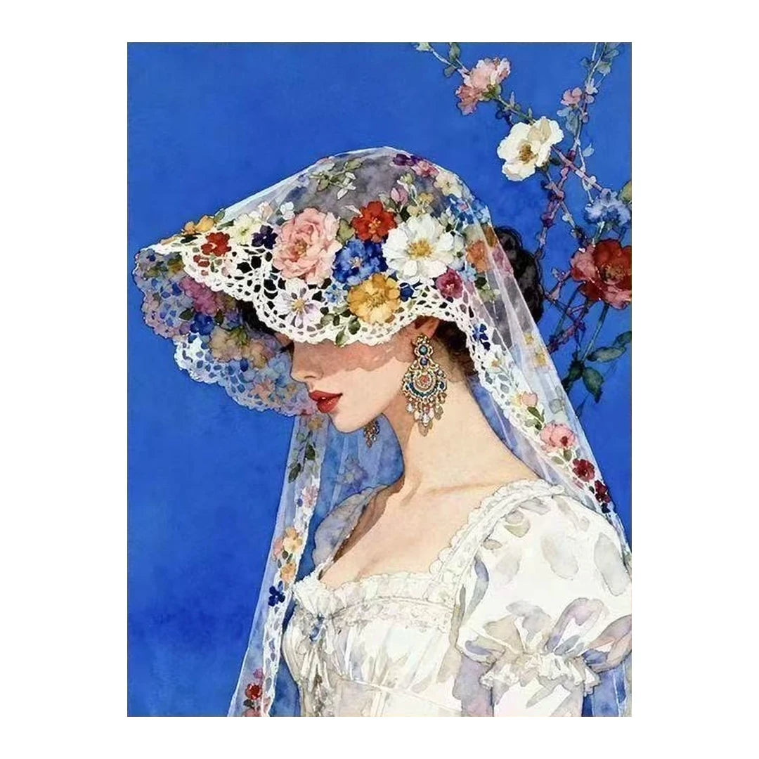 White-background original artwork of a side-profile bride wearing a colorful flower hat