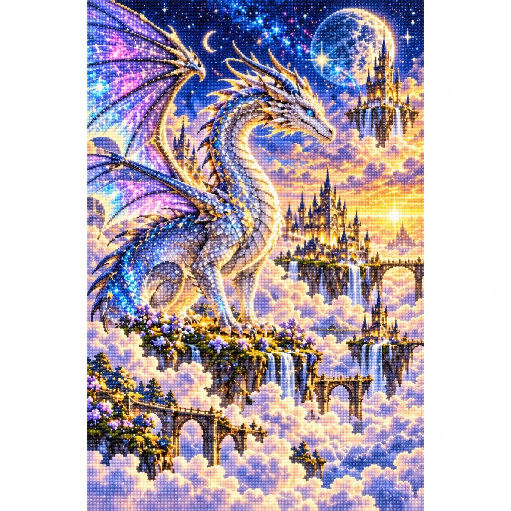Silver Dragon Cloud City finished diamond painting on white