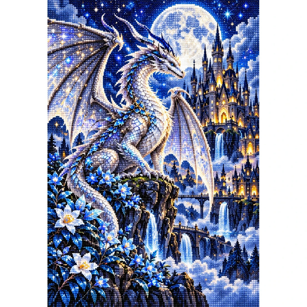 Silver Moon Dragon Gothic Castle — finished diamond painting on a white background