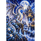 Silver Moon Dragon Gothic Castle — finished diamond painting on a white background