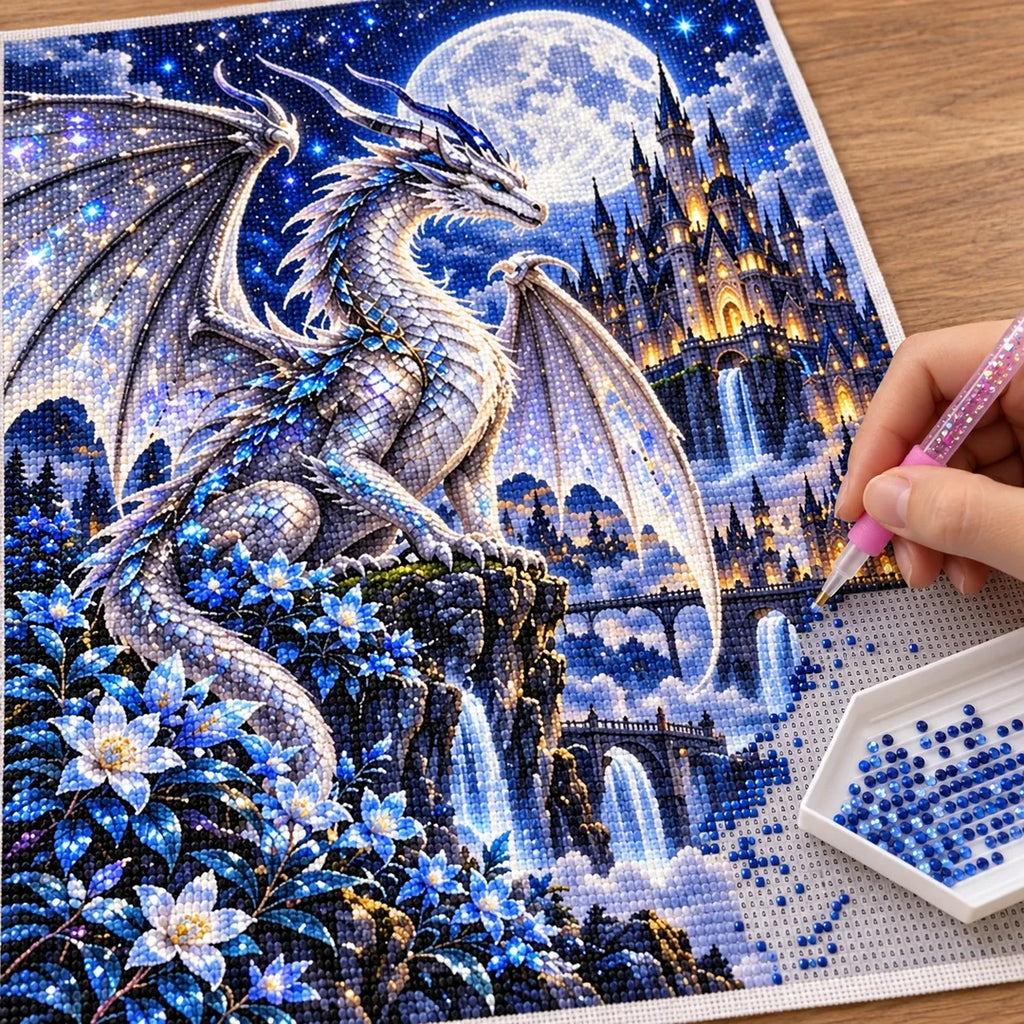 Silver Moon Dragon Gothic Castle — diamond painting process with applicator pen
