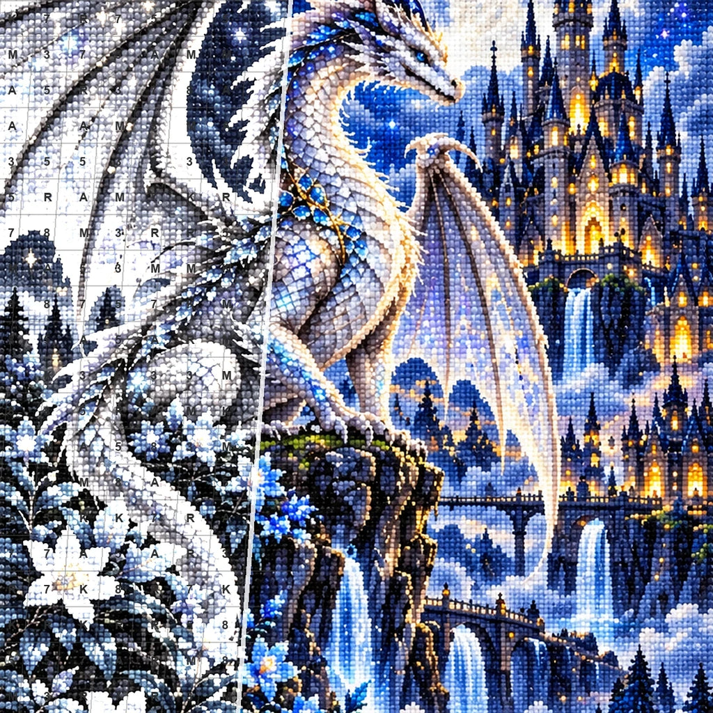 Silver Moon Dragon Gothic Castle — close-up canvas and resin drill detail