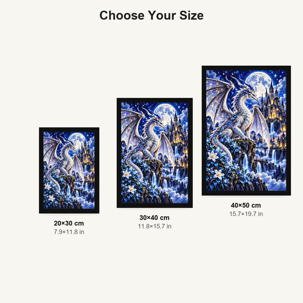 Silver Moon Dragon Gothic Castle — size comparison for 20 × 30, 30 × 40 and 40 × 50 cm