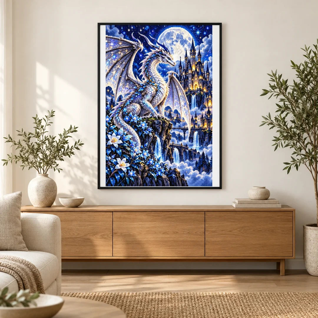 Silver Moon Dragon Gothic Castle — finished diamond painting displayed in a home interior