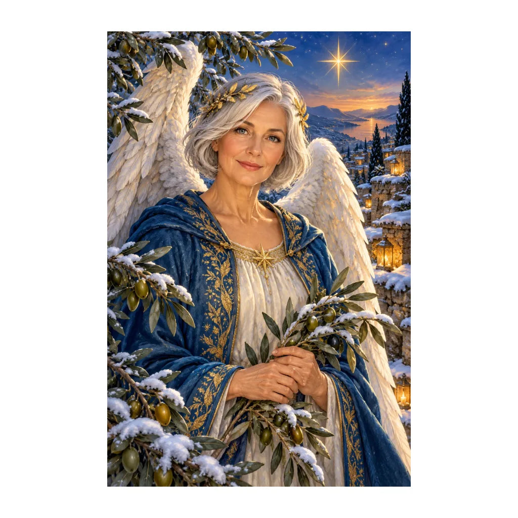 White-background original artwork of silver-winged angel with olive branch