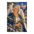 White-background original artwork of silver-winged angel with olive branch