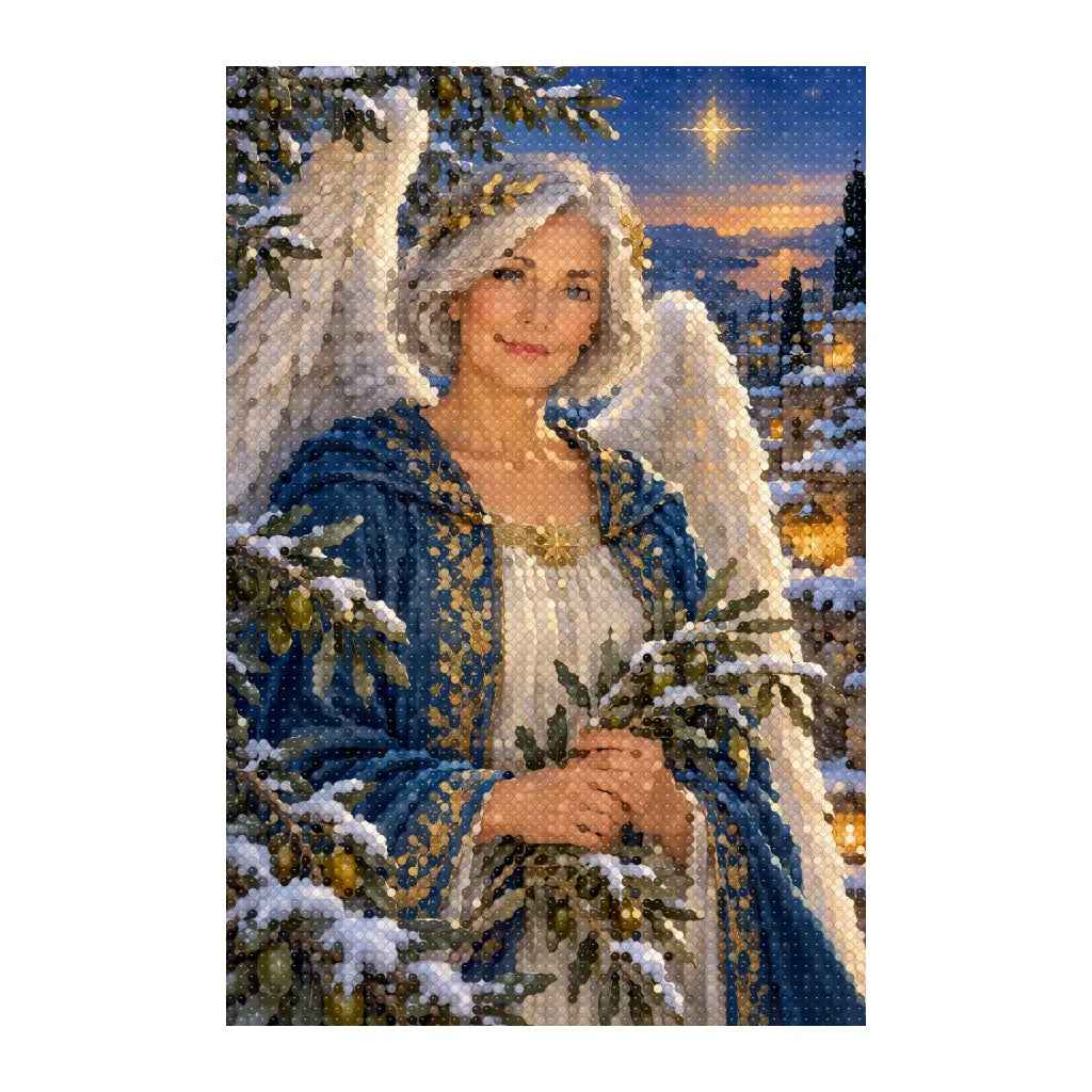 White-background finished diamond painting of silver-winged angel with olive branch