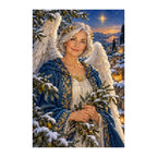 White-background finished diamond painting of silver-winged angel with olive branch