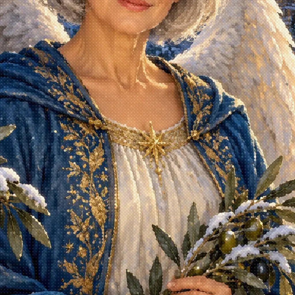 Close-up diamond detail of the silver-winged angel with olive branch diamond painting