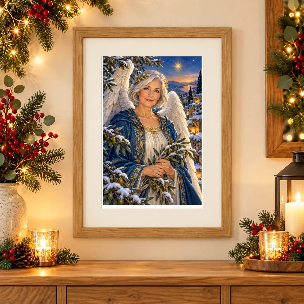 Framed home display of the silver-winged angel with olive branch diamond painting