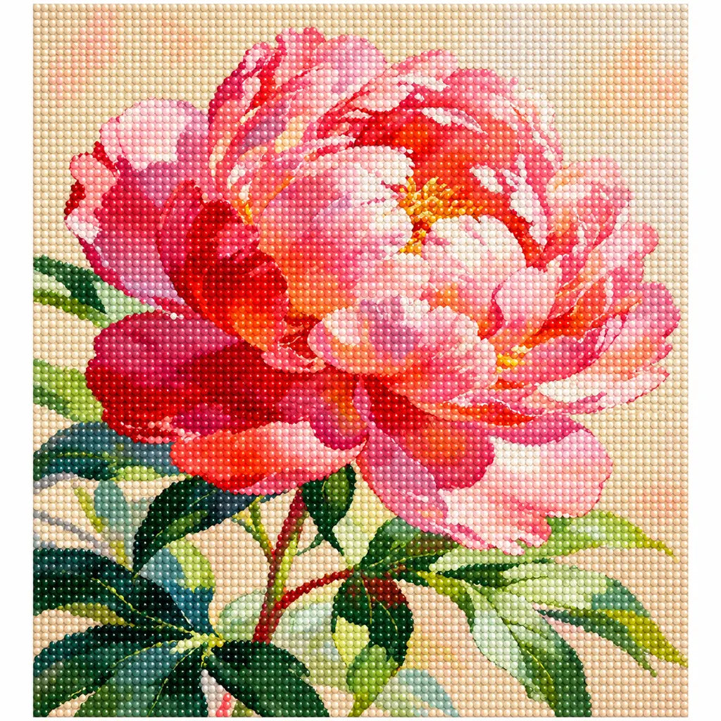 Finished diamond painting of one full pink peony bloom with green leaves and stems.