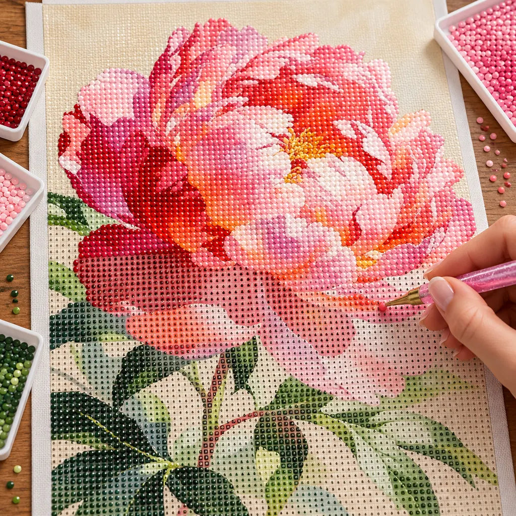 Diamond painting process for Single Pink Peony Diamond Painting Kit, with drills being placed over one full pink peony bloom with green leaves and stems.